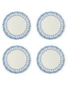 Set of 4 fine bone china dinner plates in Palms Azure Blue pattern by Pink House Mustique.