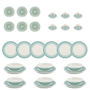 Fine Bone China Dinner Service : MUSTIQUE ISLAND - Bowl, Salad plate, Dinner plate, Side plate, Coffee cup & Saucer - 6 place settings (36 pieces)