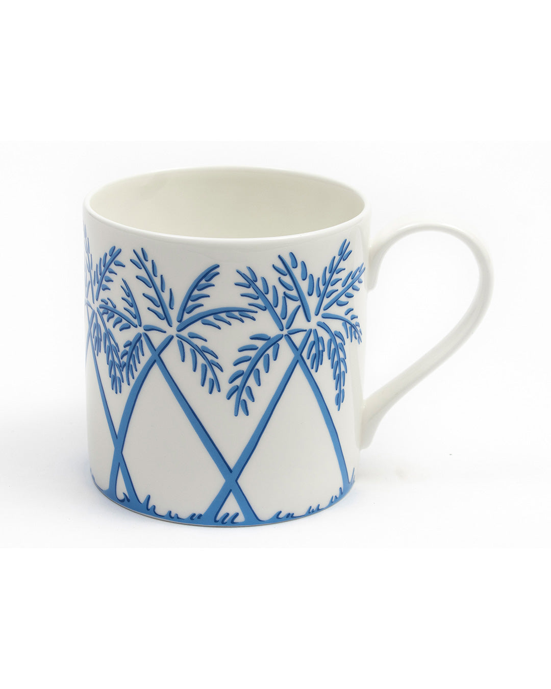 Fine bone porcelain china mug in Palms Azure Blue design by Lotty B Mustique – luxury island-inspired tableware