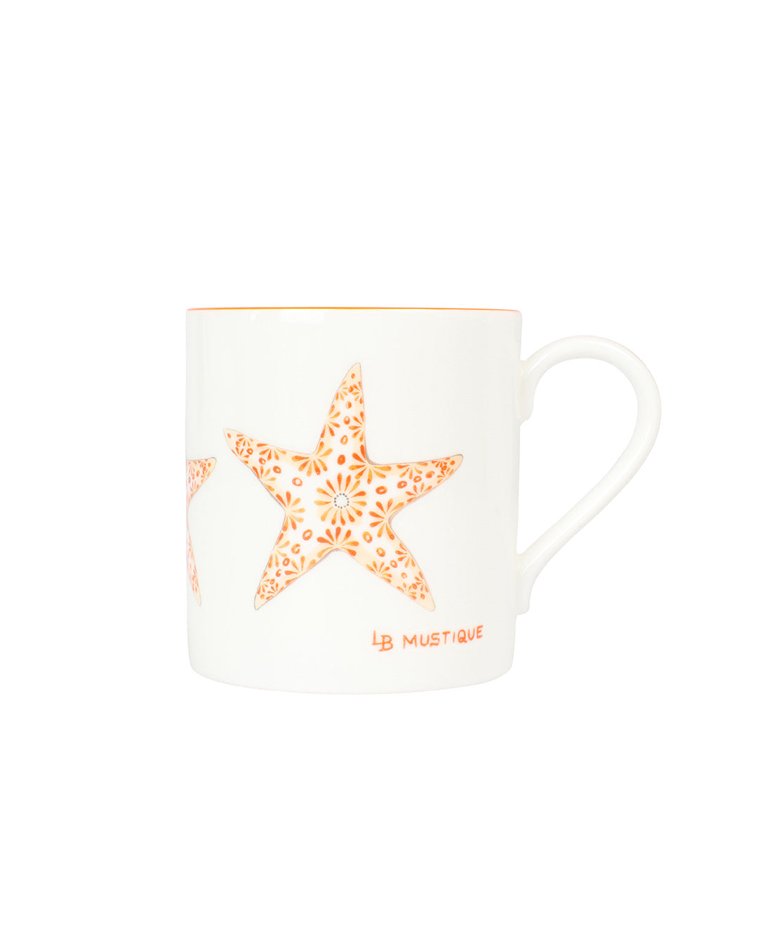 Side view of fine bone china Seastar mug in orange with floral starfish design from Lotty B Mustique.
