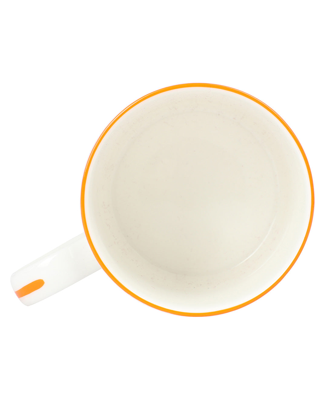Top view of fine bone china orange Seastar mug with orange rim and handle detailing, handmade in England.