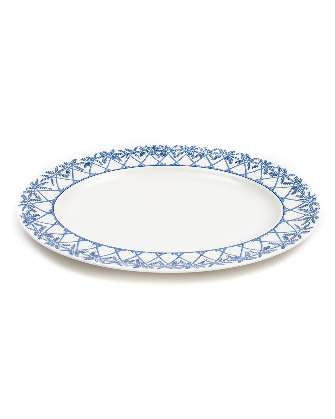 Fine bone china oval serving platter Palms Azure blue crossed palm tree design by Lotty B Mustique luxury tableware