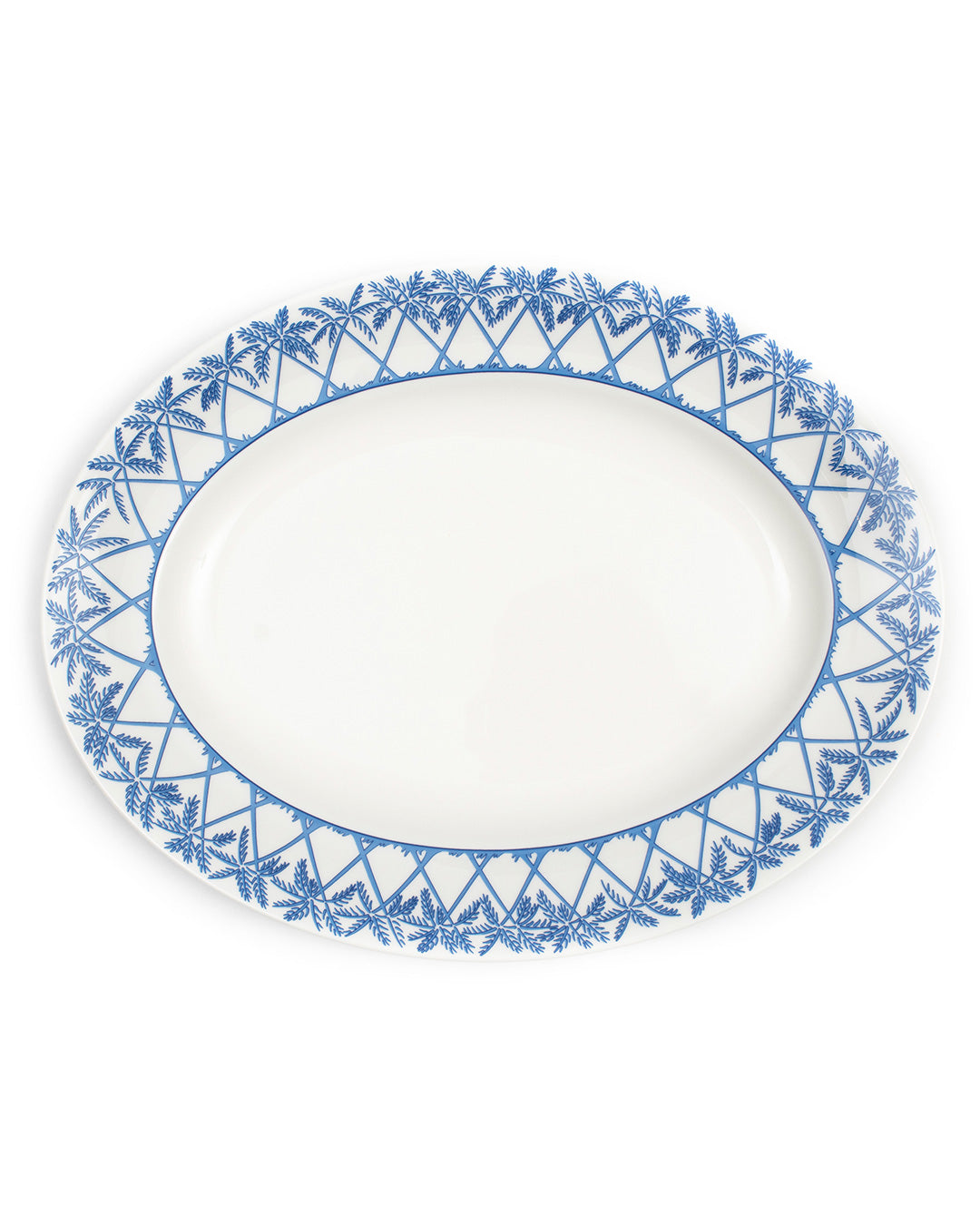 Fine bone porcelain oval platter in Palms Azure Blue crossed palm design – elegant Mustique tableware collection