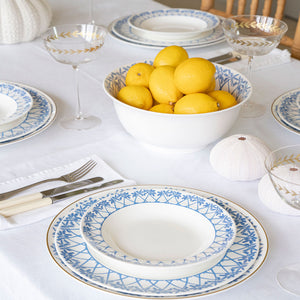 Beautiful fine bone china dinnerware set in Palms blue design made in England