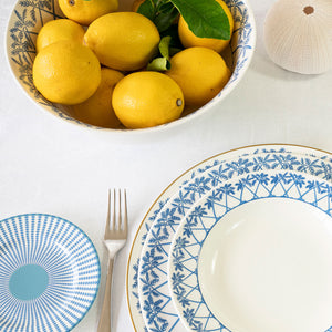 Summer tablescapes with fine bone china large serving bowl in blue Palms design by Lotty B