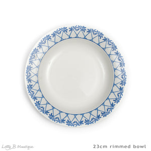 Set includes 6 x 23cm rimmed bowls in Palms blue