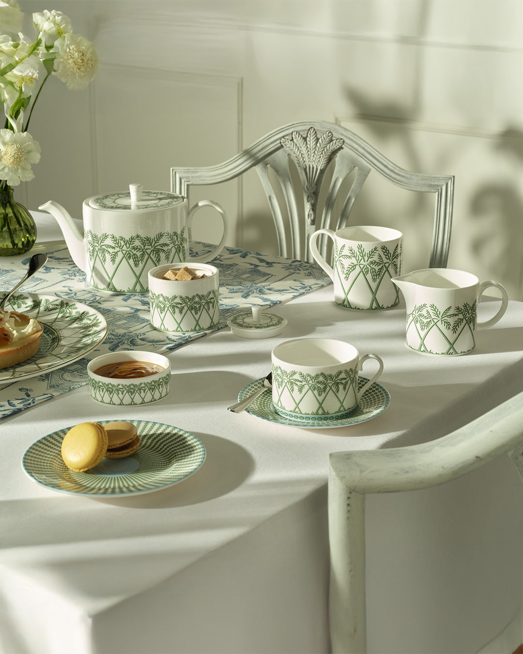 Elegant fine bone china teapot and mugs in Palms Sage Green by Lotty B Mustique, handcrafted in England.
