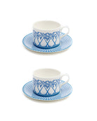 Fine bone china set of 2 cups and saucers in Palms Azure Blue design by Pink House Mustique, handmade in England.