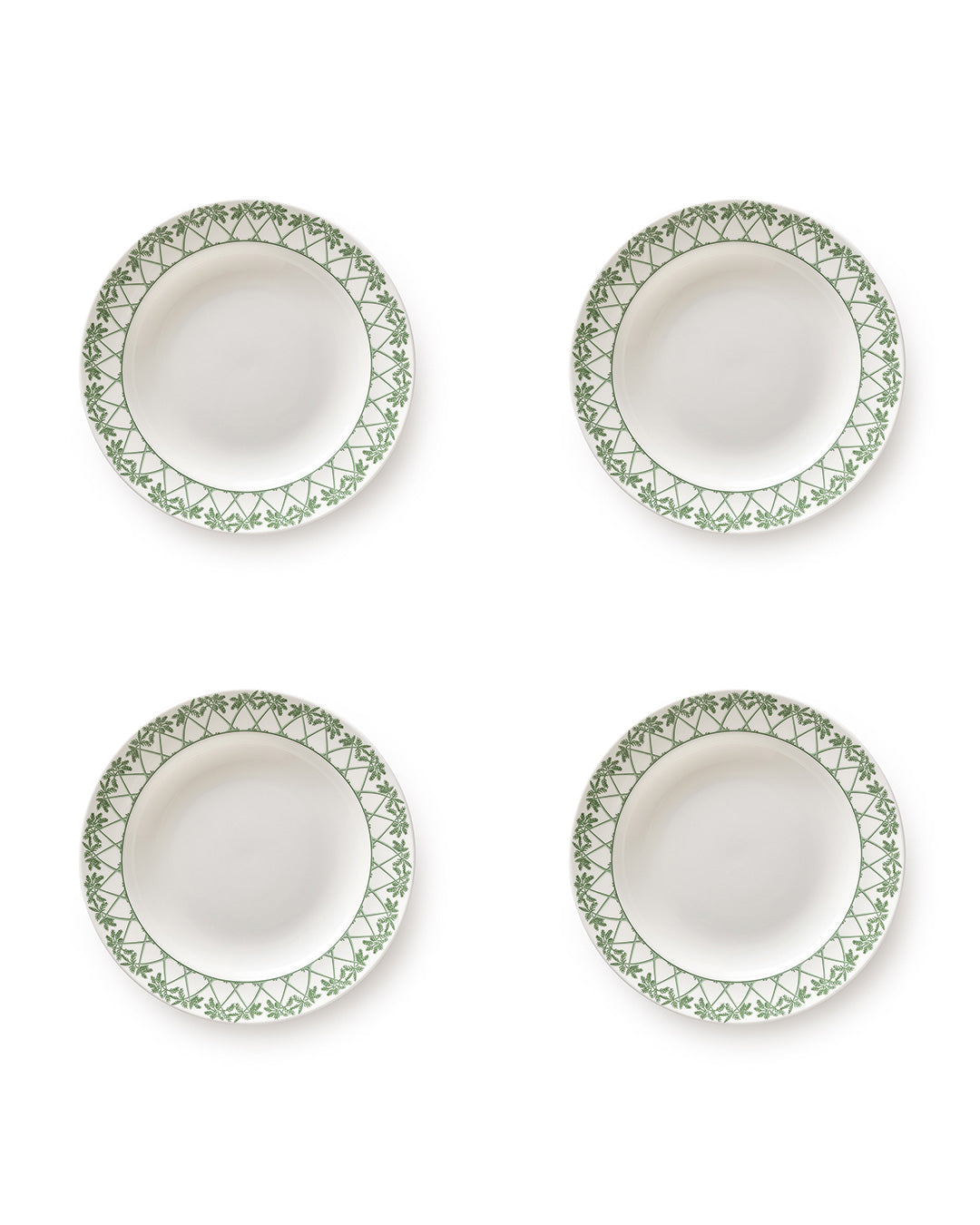 Set of 4 fine bone china rimmed bowls in Palms Sage Green design by Pink House Mustique, handmade in England.