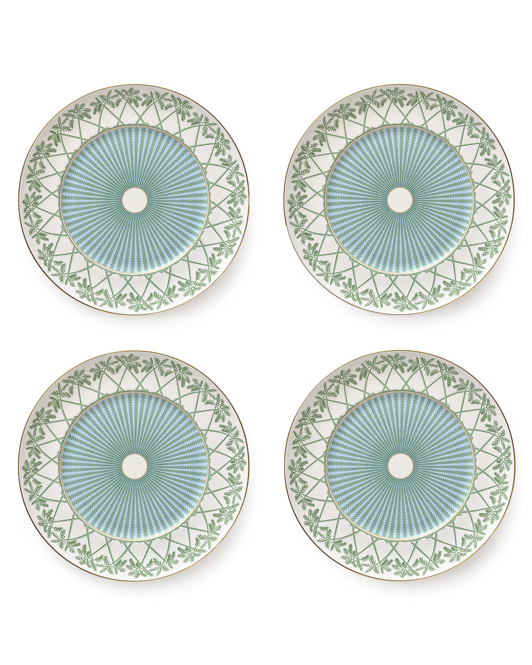 Set of 4 fine bone china charger plates with gold rim in Palms Sage Green design by Pink House Mustique.