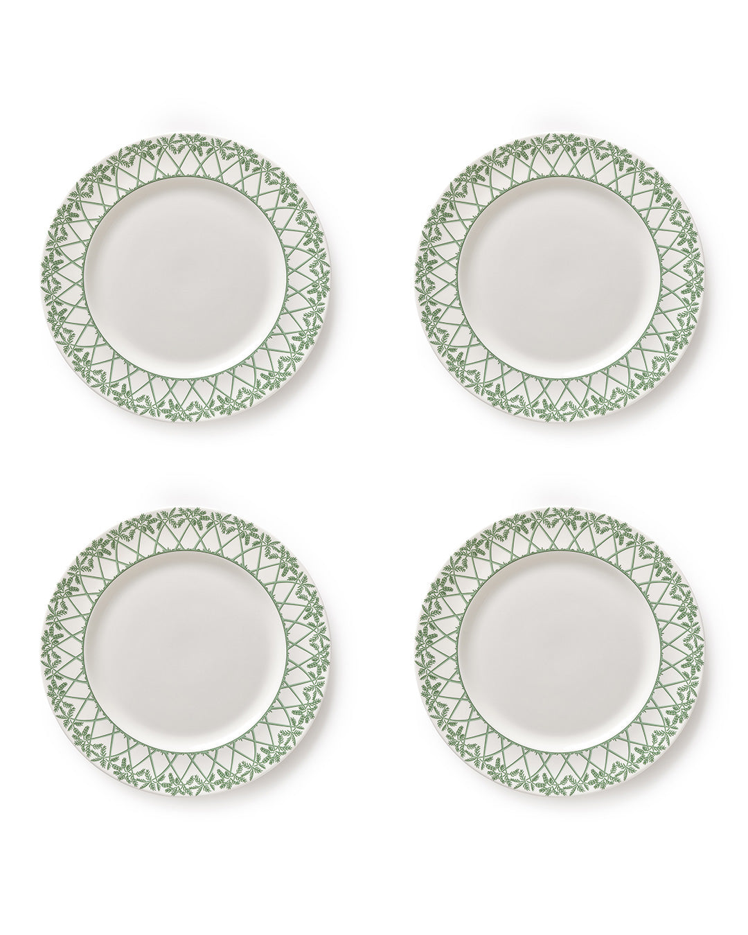 Set of 4 fine bone china dinner plates in Palms Sage Green pattern, luxury tableware by Pink House Mustique.