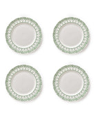 Set of 4 fine bone china dinner plates in Palms Sage Green pattern, luxury tableware by Pink House Mustique.
