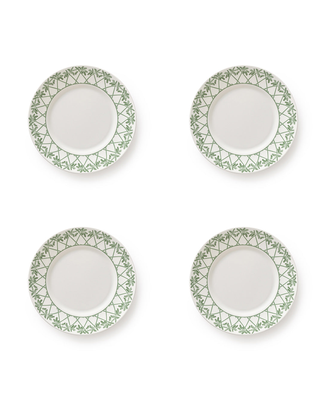 Set of 4 fine bone china salad plates in Palms Sage Green pattern, British made by Pink House Mustique.