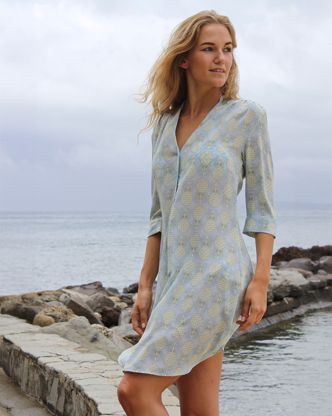 Pink House silk Decima Dress in Pineapple Olive print – breezy, elegant beach dress with flattering silhouette and tropical style, perfect for coastal escapes.