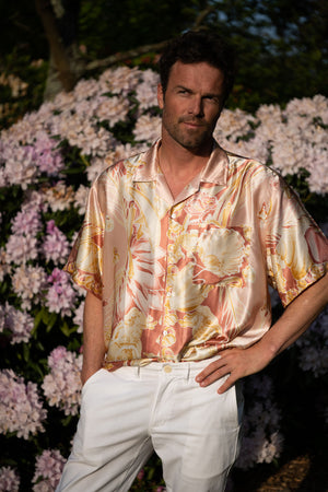 Limited Edition gold and pink sea life silk shirt created from vintage silk charmeuse scarf, by designer Lotty B Mustique