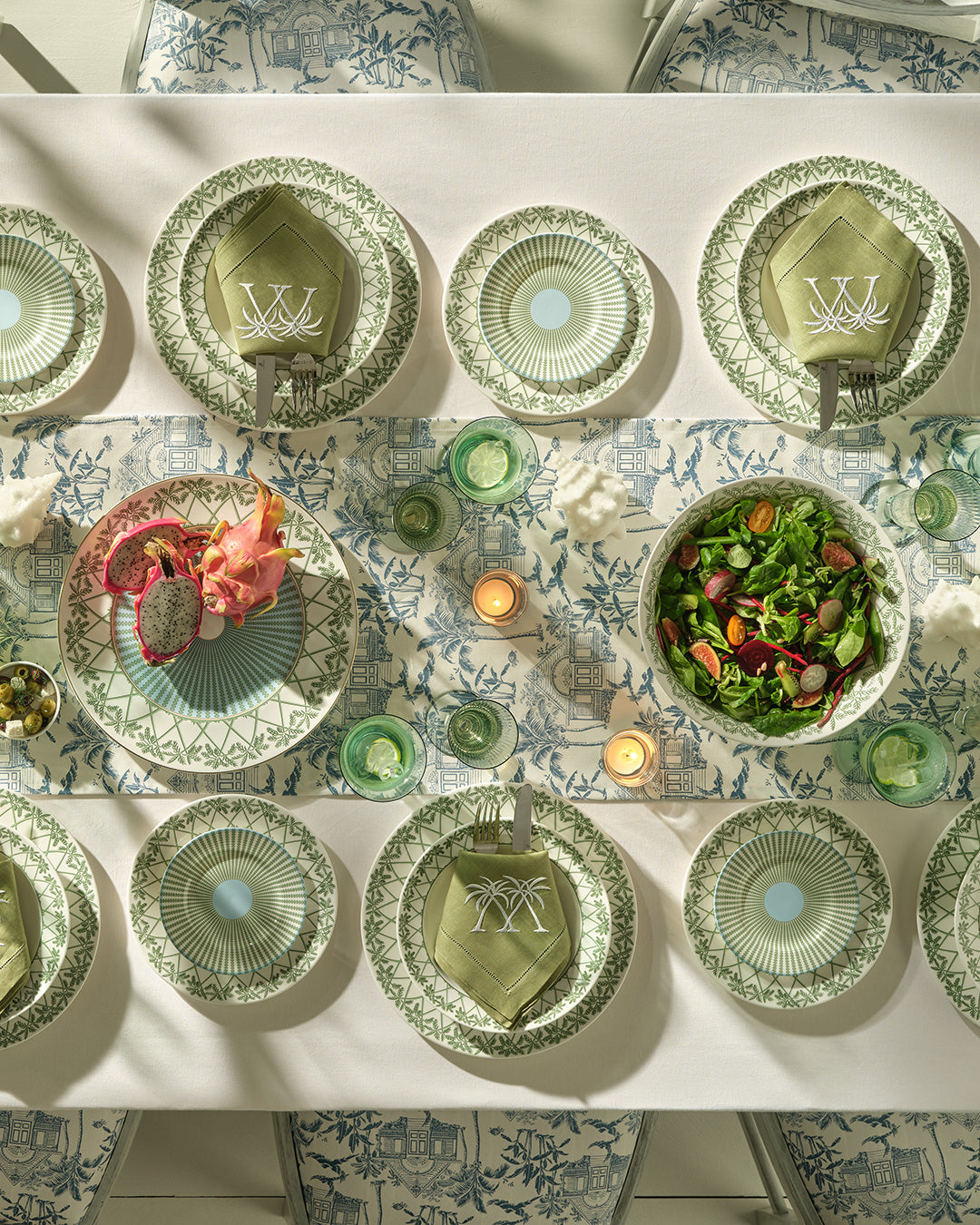 Luxury fine bone china round serving bowl and charger plate in Palms Sage Green, elegant tropical tableware by Pink House Mustique