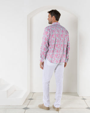 Men's casual fit linen shirt in coral and turquoise Parrot print designer Lotty B Mustique