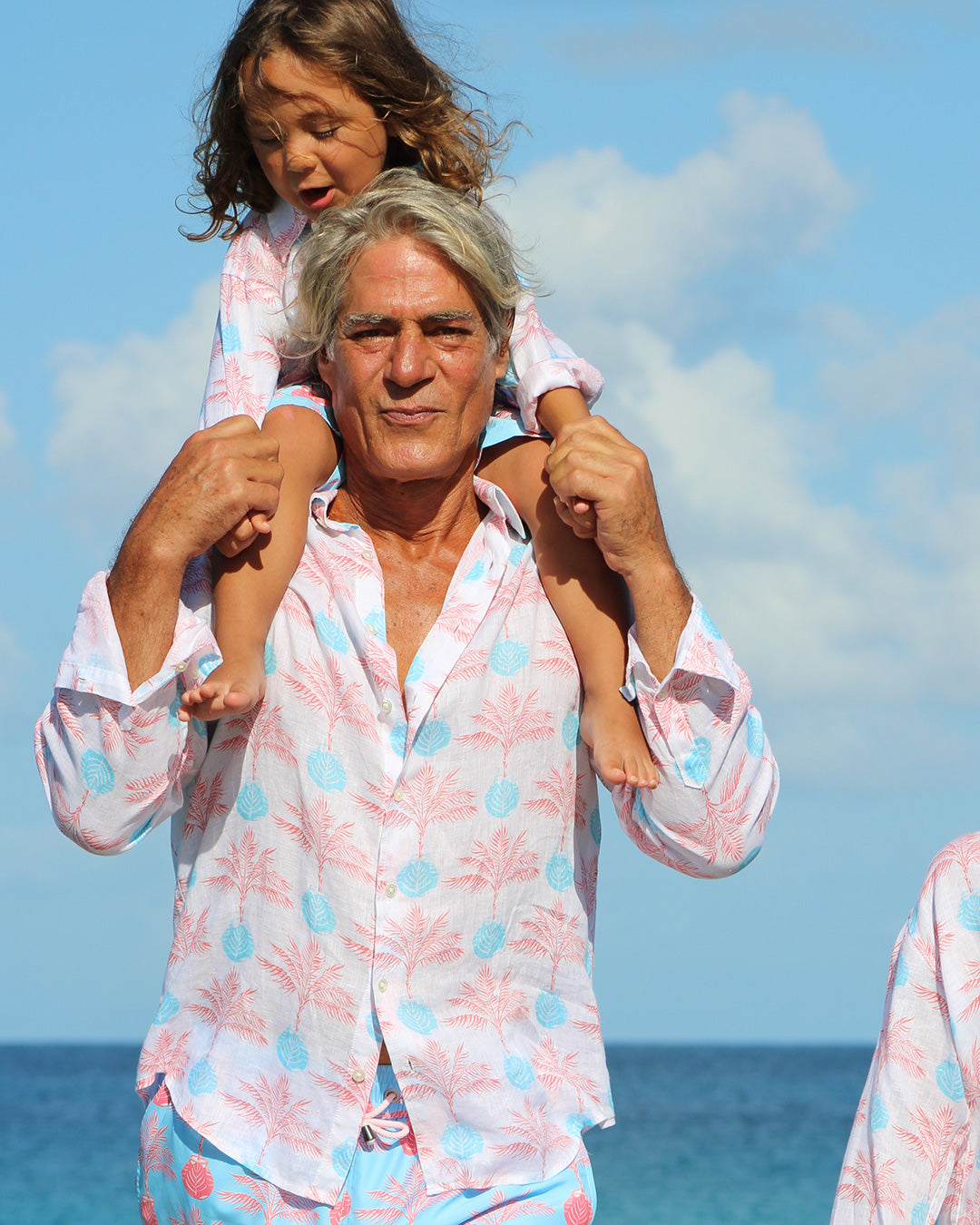 Holiday shirts in little and large in coral and turquoise blue Potted Palm print by Pink House