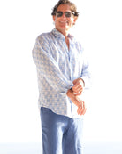 Caribbean style mens linen shirt in Shelltop blue print by designer Lotty B