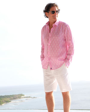 Caribbean villa lifestyle men's linen shirt in pink Shelltop print