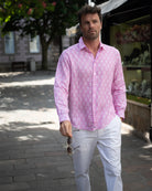 Holiday style men's linen shirt in pink Shelltop print
