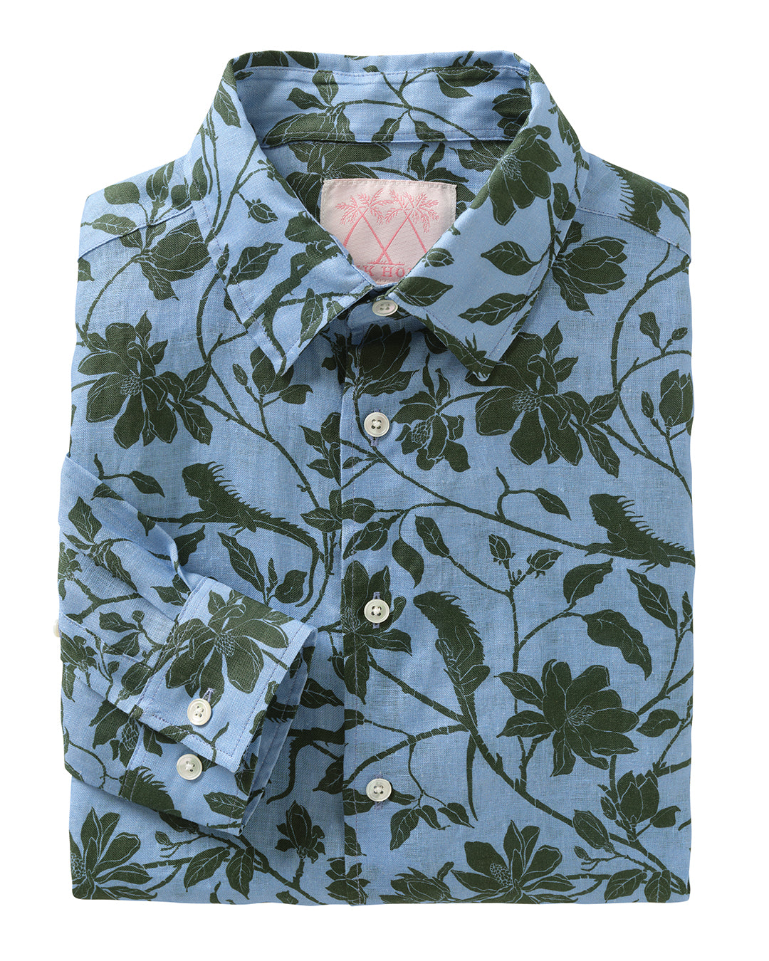 Blue men's linen shirt with dark green Magnolia Iguana print – tropical iguana print shirt by Pink House Mustique