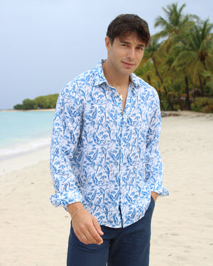 Tropical holiday style men's linen shirt in blue Parrot print by designer Lotty B Mustique