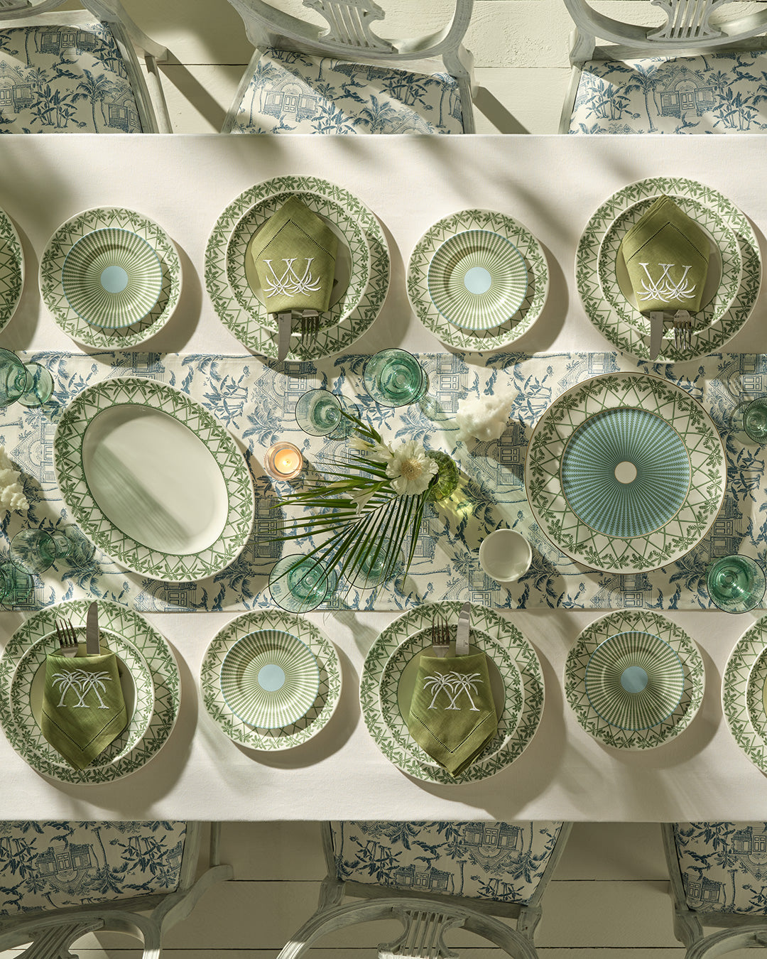 Elegant fine bone china oval serving platter and charger plate in Palms Sage Green design, handmade for Pink House Mustique