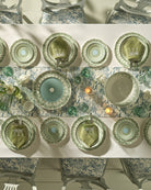 Elegant fine bone china dinner service including dinner plates, rimmed bowls, salad plates, side plates and charger plates in Palms Sage Green design, handmade for Pink House Mustique.
