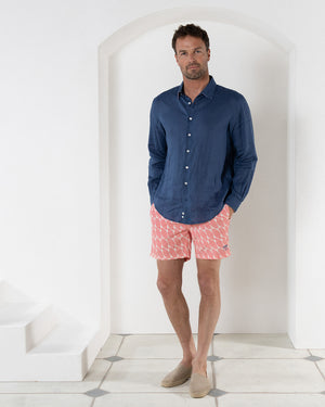 Mens summer linen shirt by Lotty B for Pink House Mustique in plain Ensign Blue