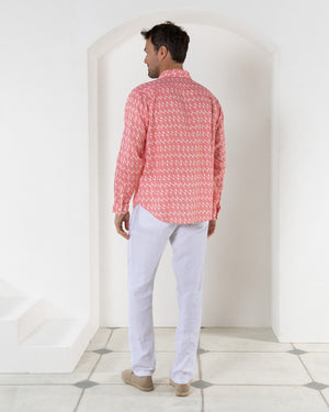 Men's island style linen shirt in pink Striped Shell linen designer Lotty B Mustique