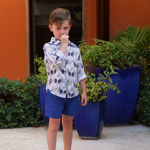 Childrens Linen Shirt: MONKEY and PALMS - PLUM/GREEN