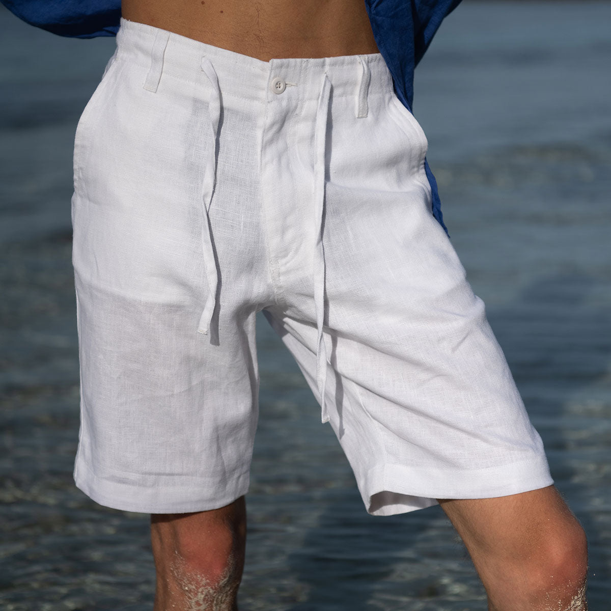Mens Casual Linen Shorts: WHITE