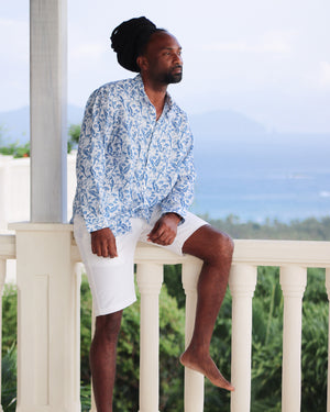 Tropical island style men's linen shirt in blue Parrot print by designer Lotty B Mustique