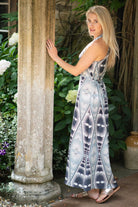 Silk designer occasion wear by Lotty B Mustique in monochrome diamond and fan palm print