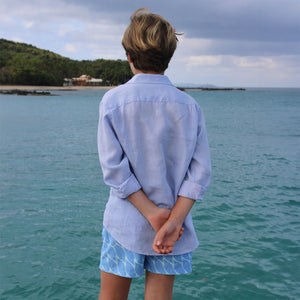 Kids beach vacation shirt in Azul blue, cotton House Pier. Mustique Island