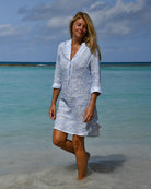 Katie wearing Coral Stone Blue linen Decima dress by Pink House Mustique, luxury resortwear.