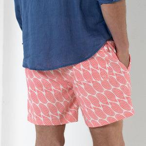 Men's comfy quick-dry swim shorts in coral pink Striped Shell print by designer Lotty B