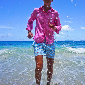 Kids beach holiday shirt in Fuchsia Pink linen, Mustique island lifestyle