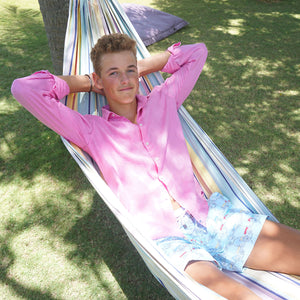 Kids summer holiday shirt in Fuchsia Pink linen, Mustique island lifestyle