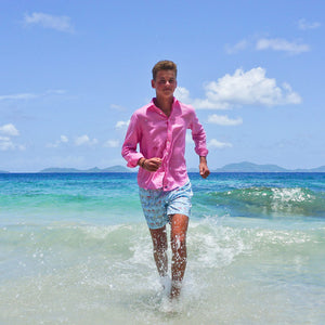 Kids beach vacation shirt in Fuchsia Pink linen, Mustique island lifestyle