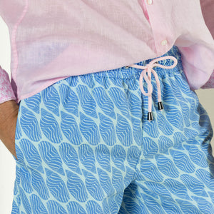 Men's comfy swim shorts in blue Striped Shell print by designer Lotty B
