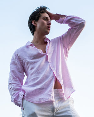 Men's smart casual linen shirts in plain pale pink by Lotty B Mustique