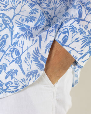 Quality and detail of men's linen shirt in blue Parrot print by designer Lotty B Mustique