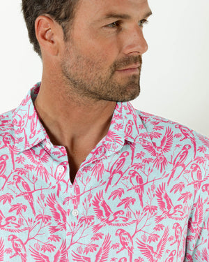 Men's pure linen shirt in coral and turquoise Parrot print designer Lotty B Mustique