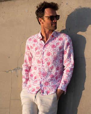 Mens linen shirt in Pomegranate pink print by designer Lotty B