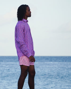Caribbean island style men's linen shirt in blue and pink Shelltop print