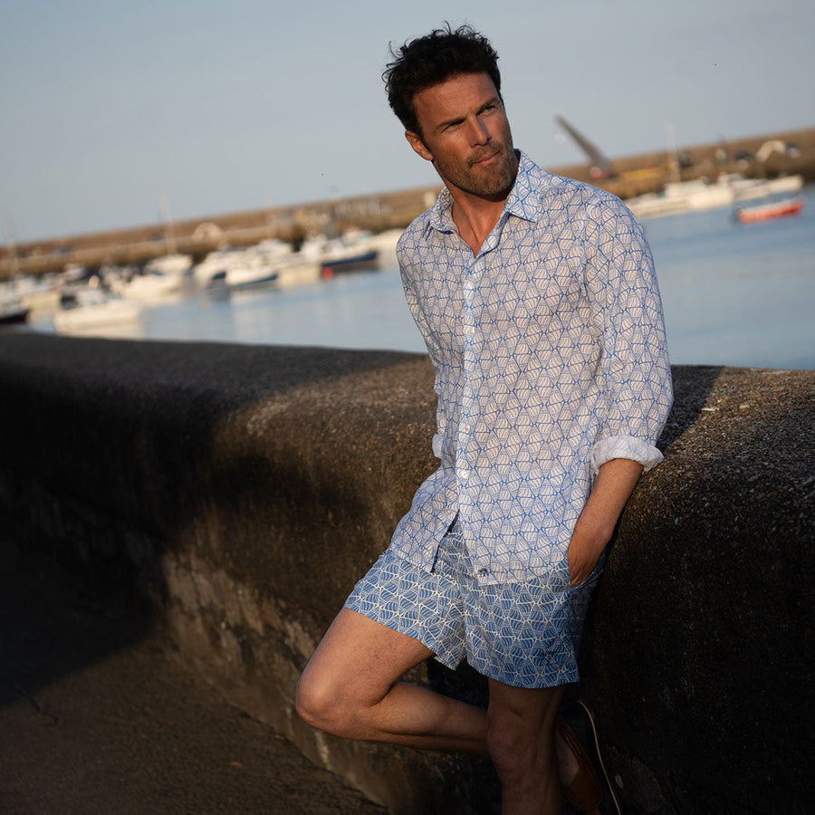 Men's quick dry swim shorts in blue Shelltop print recycled fabric