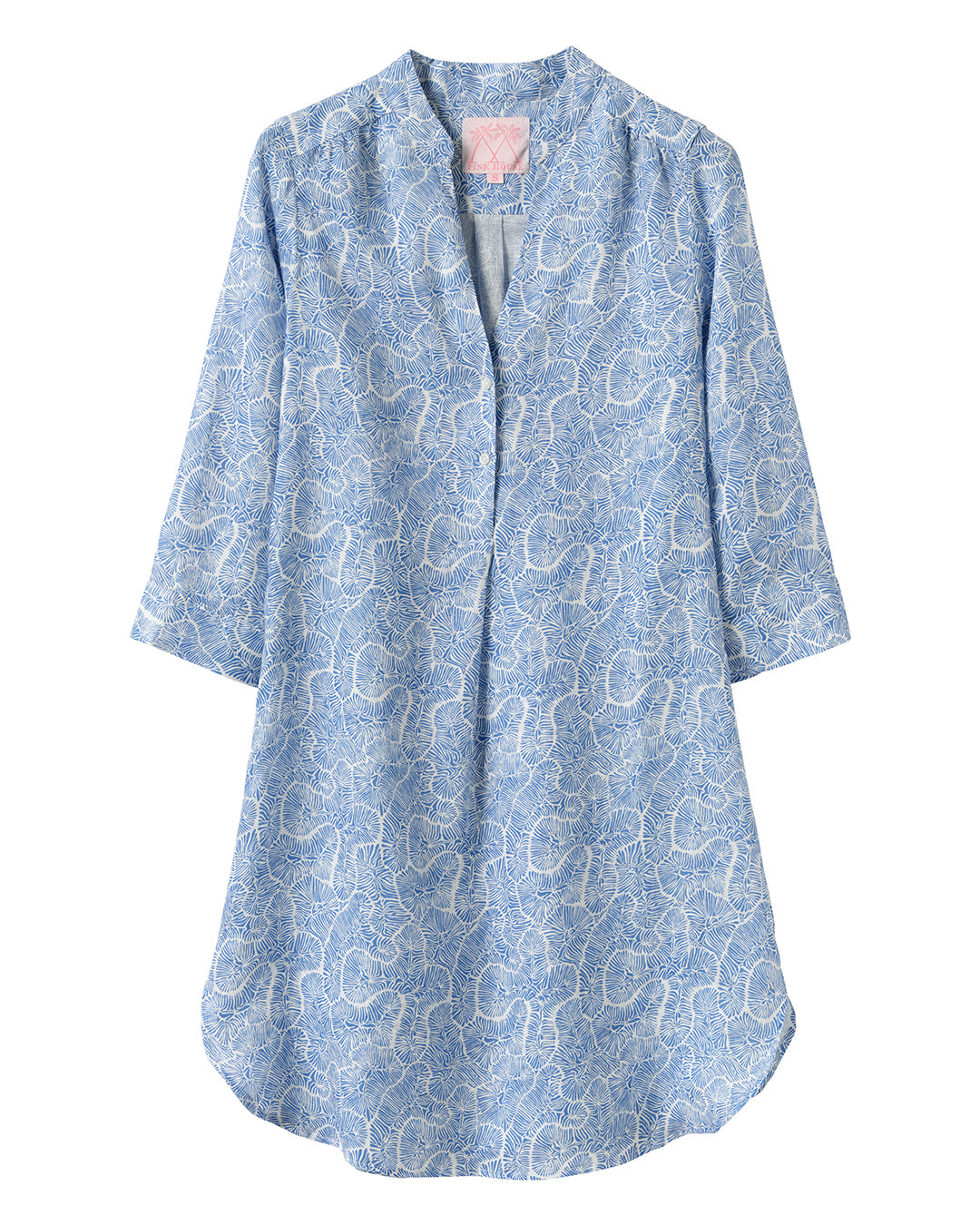 Linen Decima dress in Coral Stone blue print – lightweight resortwear cover-up with 3/4 sleeves by Pink House Mustique