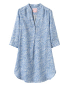 Linen Decima dress in Coral Stone blue print – lightweight resortwear cover-up with 3/4 sleeves by Pink House Mustique